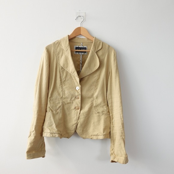 ARMANI JEANS Crop Linen Blazer Womens 46 S Beige Tan Summer Stretch Office Light